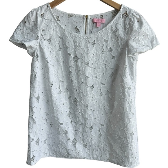 LILLY PULITZER | NWOT White Floral Eyelet Short Sleeve Top | Zipper Back | Small - Picture 1 of 6